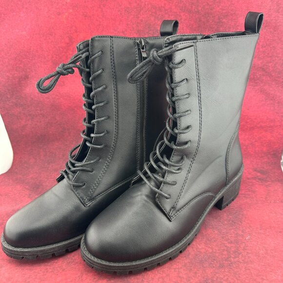 SHELN COMBAT BOOTS LUG SOLE BLACK, MID-CALF, LACE-UP, ZIPPER, BLOCK HEEL, SIZE 9 - Picture 7 of 11